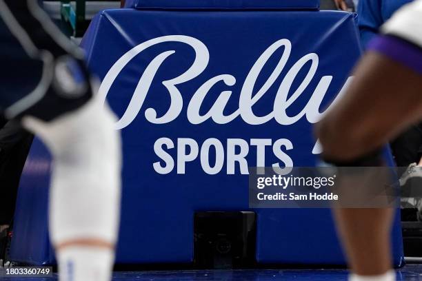 Bally Sports logo is seen on the basket stanchion during the second half of the game between the Dallas Mavericks and the Sacramento Kings at...