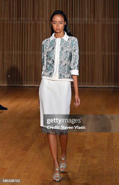 Model walks the runway at the Douglas Hannant fashion show during Mercedes-Benz Fashion Week Spring 2014 at the DiMenna Center on September 11, 2013...