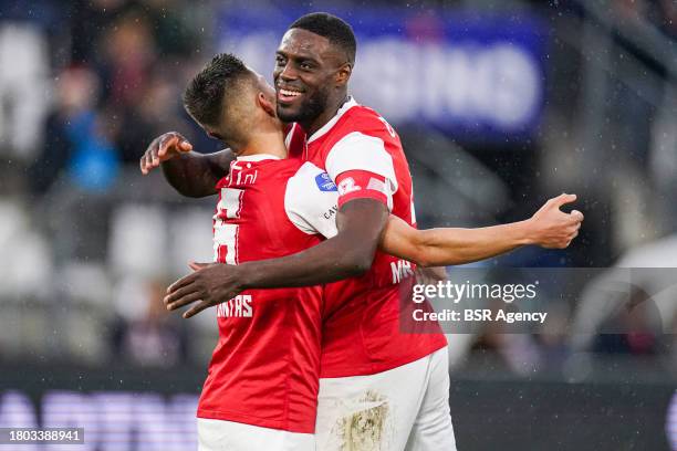 Tiago Dantas of AZ, Bruno Martins Indi of AZ celebrate the third goal during the Dutch Eredivisie match between AZ and FC Volendam at AFAS Stadion on...