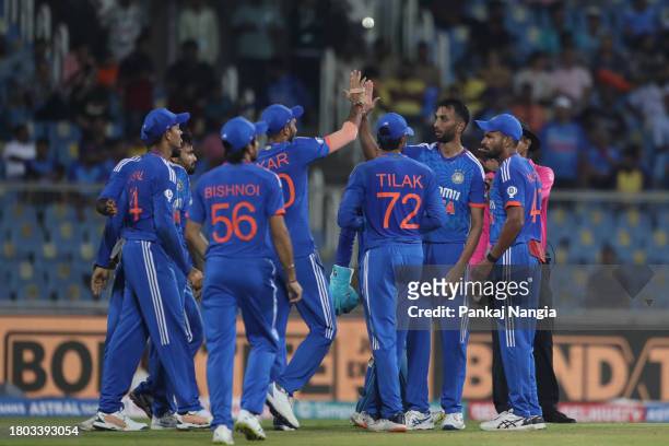 India's Prasidh Krishna celebrates the wicket of Australia's Steven Smith during game two of the T20 International Series between India and Australia...