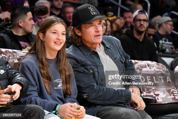 Jason Bateman and his daughter Francesca Nora Bateman attend a basketball game between the Los Angeles Lakers and the Houston Rockets at Crypto.com...