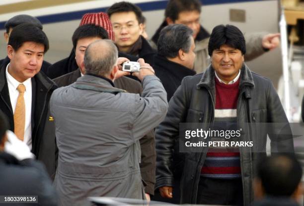 Bolivia's president-elect Evo Morales arrives at Beijing's Capital airport, 08 January 2006. China is the latest stop on his first world tour which...