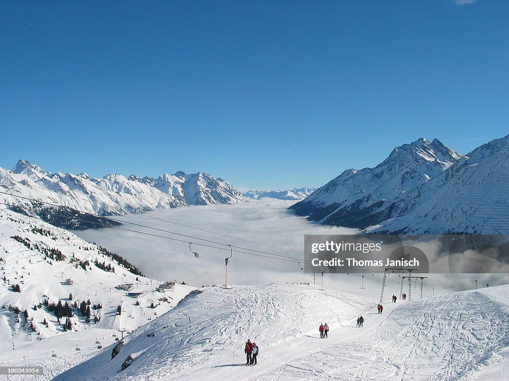 Skiing and ski lift in the Austrian Alps, Arlberg