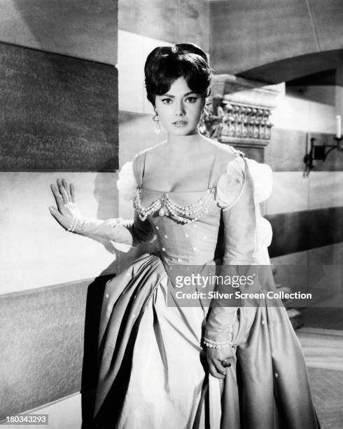 German actress Christine Kaufmann in period costume, as Serenella Arconti, in a promotional portrait for 'Swordsman of Siena', directed by Baccio...