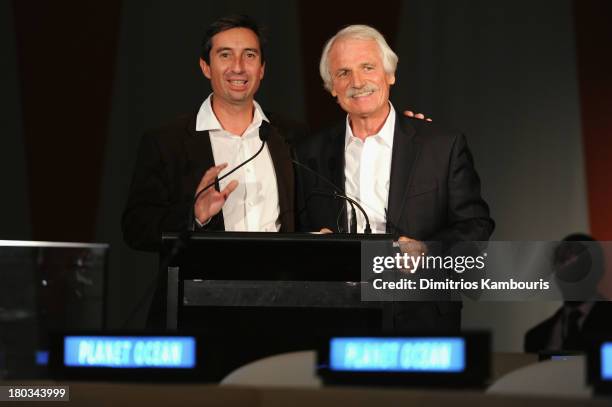 Co-Director Michael Pitiot and director/ environmentalist Yann Arthus-Bertrand speak at the United Nations and OMEGA presention of Planet Ocean at...