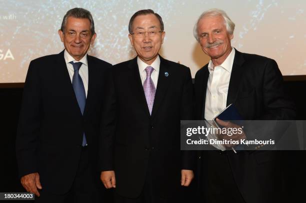 Stephen Urquhart, President of Omega SA, U.N. Secretary-General Ban Ki-Moon and director/ environmentalist Yann Arthus-Bertrand attend the United...