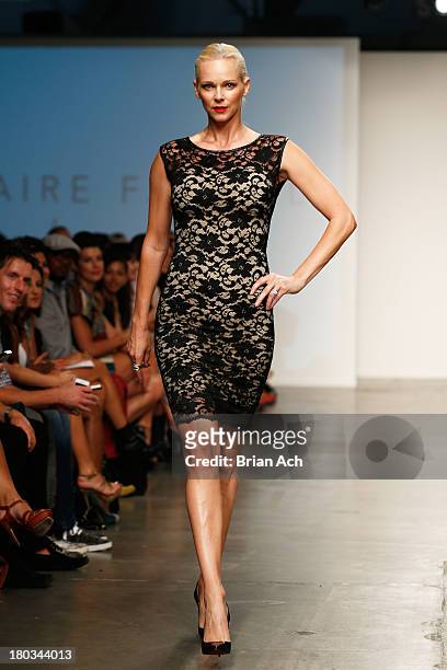 Designer Claire Farwell walks the runway at the Claire Farwell London show during Nolcha Fashion Week New York Spring/Summer 2014 presented by RUSK...