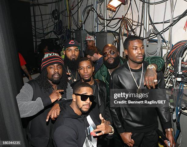 Front row Omarion, Meek Mill, Wale, Rockie Fresh, Rick Ross, and Stalley visit 106 & Park at 106 & Park Studio on September 9, 2013 in New York City.