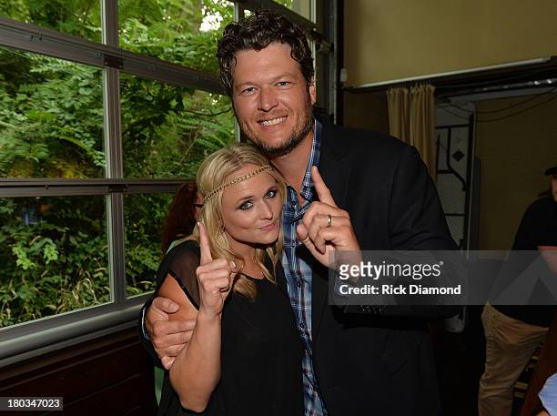 Blake Shelton joins his wife Miranda Lambert to Celebrate her No.1 Song "Mama's Broken Heart" with co writers Kacey Musgraves, Brandy Clark and Shane...