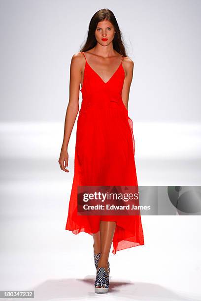 Model walks the runway at the Nanette Lepore show during Spring 2014 Mercedes-Benz Fashion Week at The Stage at Lincoln Center on September 11, 2013...