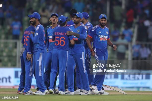 India team members celebrate their team's win over Australia during game two of the T20 International Series between India and Australia at...