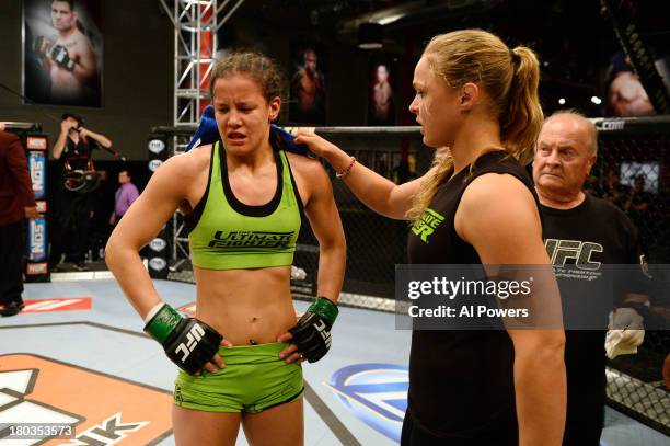 Shayna Baszler is consoled by coach Ronda Rousey after being submitted by Julianna Pena in their preliminary fight during filming of season eighteen...