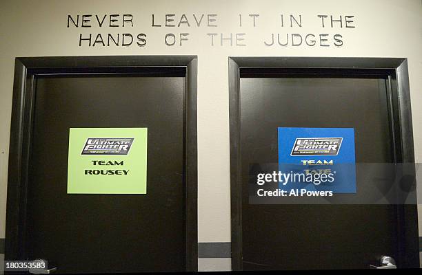 General view of Team Rousey and Team Tate locker rooms after the Julianna Pena v Shayna Baszler preliminary fight during filming of season eighteen...