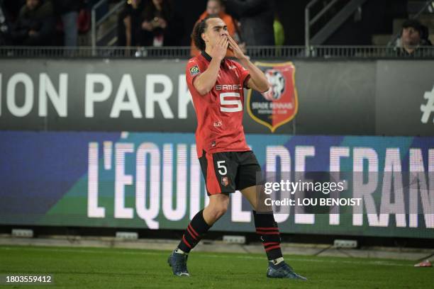 Rennes' Belgian defender Arthur Theate celebrates after scoring his team's third goal during the French L1 football match between Stade Rennais FC...