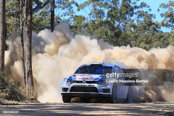 Sebastien Ogier of France and Julien Ingrassia of France compete in their Volkswagen Motorsport Polo R WRC during the Shakedown of the WRC Australia...