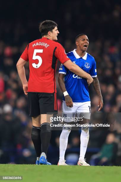 Harry Maguire of Manchester United tries to calm Ashley Young of Everton during the Premier League match between Everton FC and Manchester United at...