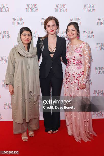 Malala Yousafzai, Emma Watson and Director Waad Al-Kateab attend the Premiere screening of "We Dare to Dream" at Cineworld Leicester Square on...
