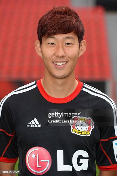 Heung Min Son poses during the Bayer Leverkusen team presentation on September 12, 2013 in Leverkusen, Germany.