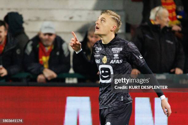 Mechelen's Norman Bassette celebrates after scoring during a soccer match between KV Kortrijk and KV Mechelen, Sunday 26 November 2023 in Kortrijk,...