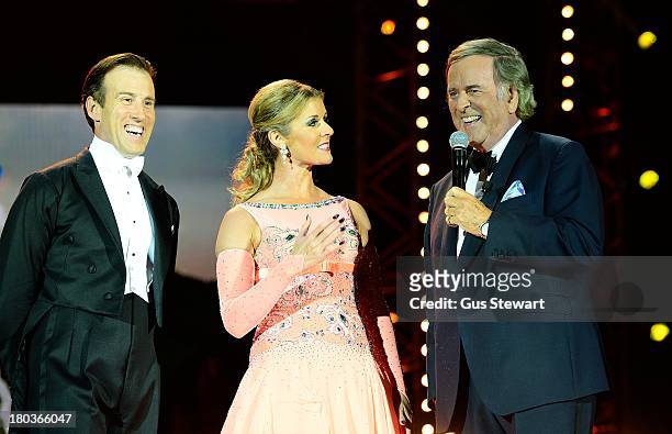 Sir Terry Wogan interviews Anton du Beke and Erin Boag after performing their routine as part of the BBC Proms in the Park series at Hyde Park on...