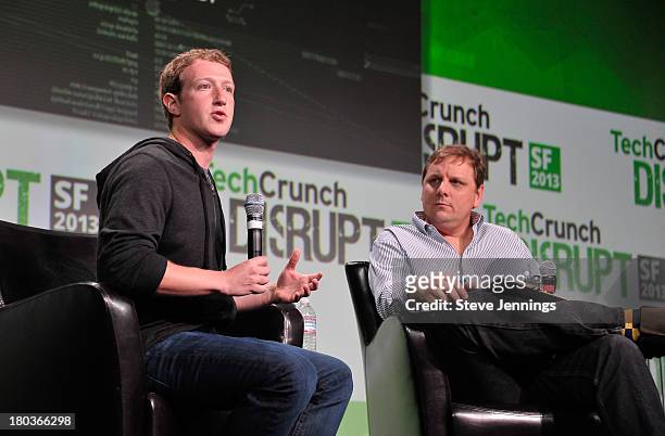 Mark Zuckerberg and Michael Arrington attend Day 3 of TechCrunch Disrupt SF 2013 at San Francisco Design Center on September 11, 2013 in San...