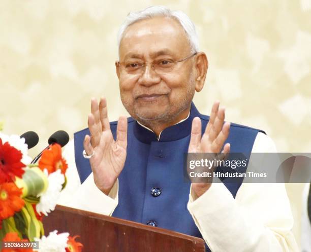 Bihar Chief Minister Nitish Kumar delivering his lecture during 'Nasha Mukti Diwas' at CM Secretariat on November 26, 2023 in Patna, India.