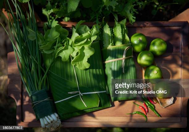 the organic vegetable wrapped with banana leaf - princess bean - fotografias e filmes do acervo