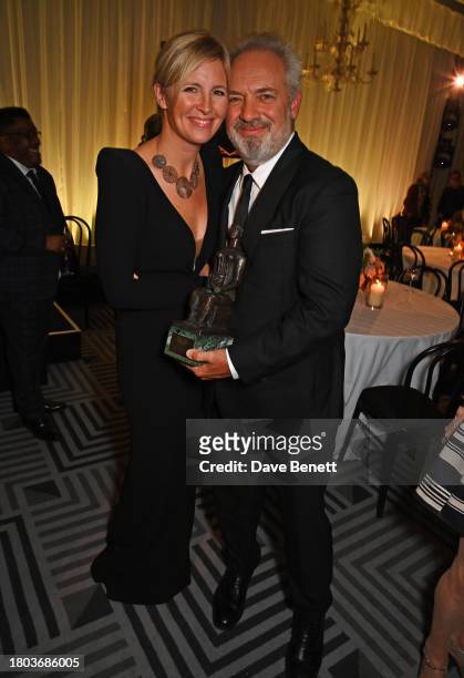 Alison Balsom and Sir Sam Mendes, winner of the Lebedev award, pose at The 67th Evening Standard Theatre Awards at Claridge's Hotel on November 19,...