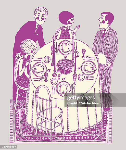 two couples having dinner - dinner party stock illustrations