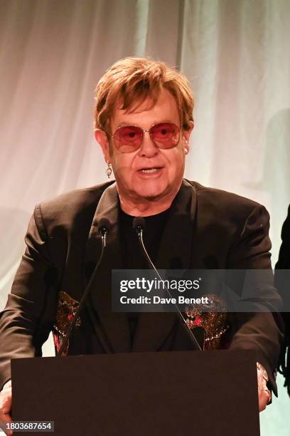 Sir Elton John, winner of The Editor's Award, speaks at The 67th Evening Standard Theatre Awards at Claridge's Hotel on November 19, 2023 in London,...