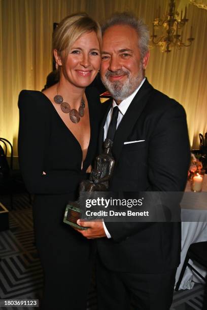 Alison Balsom and Sir Sam Mendes, winner of the Lebedev award, pose at The 67th Evening Standard Theatre Awards at Claridge's Hotel on November 19,...