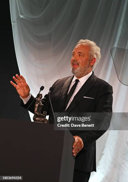 Sir Sam Mendes, winner of The Lebedev Award, speaks at The 67th Evening Standard Theatre Awards at Claridge's Hotel on November 19, 2023 in London,...