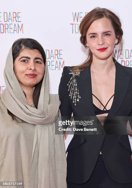 Malala Yousafzai and Emma Watson attend the Premiere screening of "We Dare to Dream" at Cineworld Leicester Square on November 26, 2023 in London,...