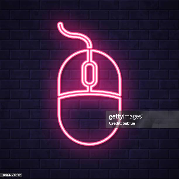 computer mouse. glowing neon icon on brick wall background - shiny square button stock illustrations
