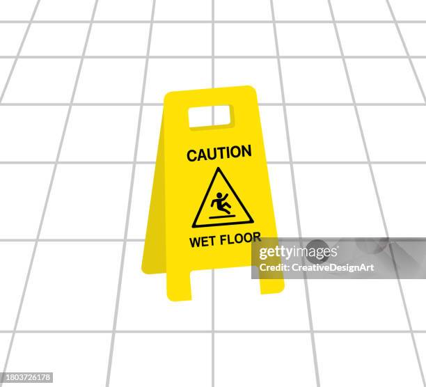 wet floor caution sign on tiled floor - slippery stock illustrations