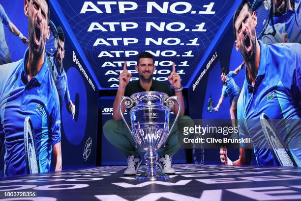 Novak Djokovic of Serbia with the ATP Year End World Number One Trophy and remains The World Number One for a record 400 weeks during day two of the...