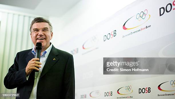 New IOC President Thomas Bach addresses the audience during his speech at DOSB headquarters on September 12, 2013 in Frankfurt am Main, Germany.