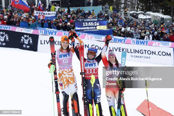 Petra Vlhova of Team Slovakia takes 2nd place, Mikaela Shiffrin of Team United States takes 1st place, Wendy Holdener of Team Switzerland takes 3rd...