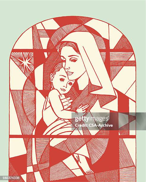 madonna und kind buntglasfenster - weihnachtskrippe stock-grafiken, -clipart, -cartoons und -symbole