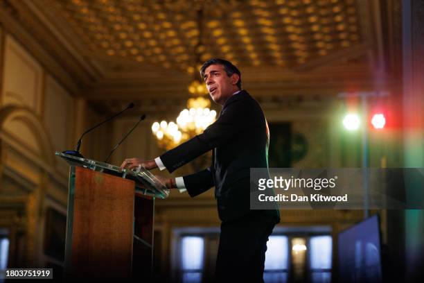 British Prime Minister Rishi Sunak speaks during the opening session of the Global Food Security Summit at Lancaster House on November 20, 2023 in...