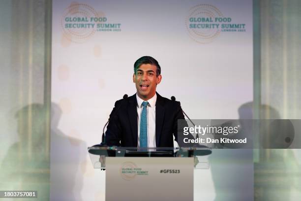 British Prime Minister Rishi Sunak speaks during the opening session of the Global Food Security Summit at Lancaster House on November 20, 2023 in...