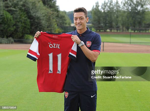 New Arsenal signing Mesut Oezil at London Colney on September 12, 2013 in St Albans, England.