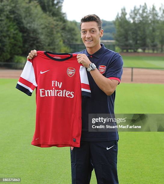 New Arsenal signing Mesut Oezil at London Colney on September 12, 2013 in St Albans, England.