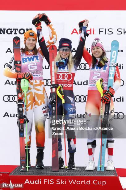 Petra Vlhova of Team Slovakia takes 2nd place, Mikaela Shiffrin of Team United States takes 1st place, Wendy Holdener of Team Switzerland takes 3rd...