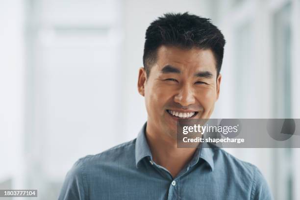 asian man, portrait or happy in office for business, career growth or positive mindset at corporate job. entrepreneur, person or employee and smile for project management or sales target at workplace - 35 year old man stock pictures, royalty-free photos & images