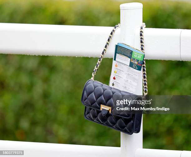 Zara Tindall's handbag seen hanging on a fence in the parade ring as she attends day 2 of the November Meeting at Cheltenham Racecourse on November...