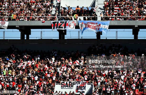 Fans of River Plate wait in stands prior a match between River Plate and Instituto as part of group A of Copa de la Liga Profesional 2023 at Estadio...