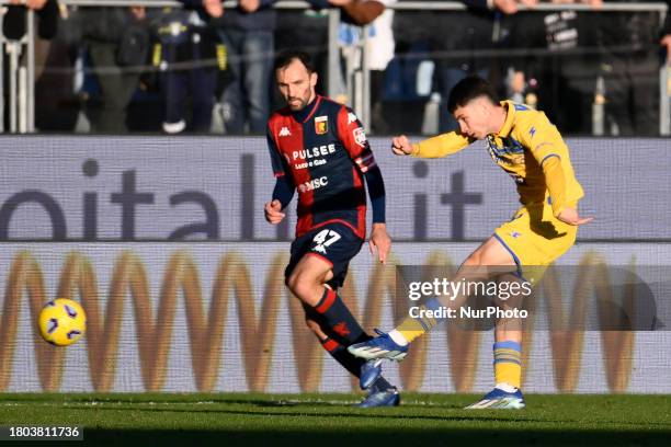 Matias Soule of Frosinone Calcio is scoring 1-0 during the 13th day of the Serie A Championship between Frosinone Calcio and Genoa C.F.C., in...