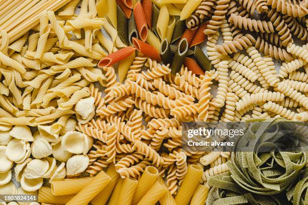 vista de la mesa de la variedad de pasta cruda - pasta fotografías e imágenes de stock