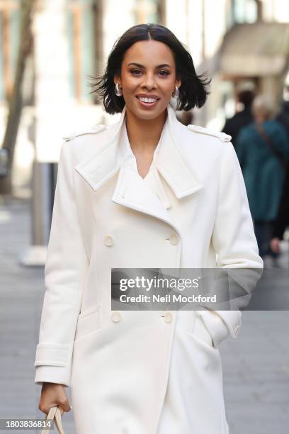 Rochelle Humes arriving at Heart Evenings Radio Studios to promote new Disney movie 'Wish' on November 20, 2023 in London, England.